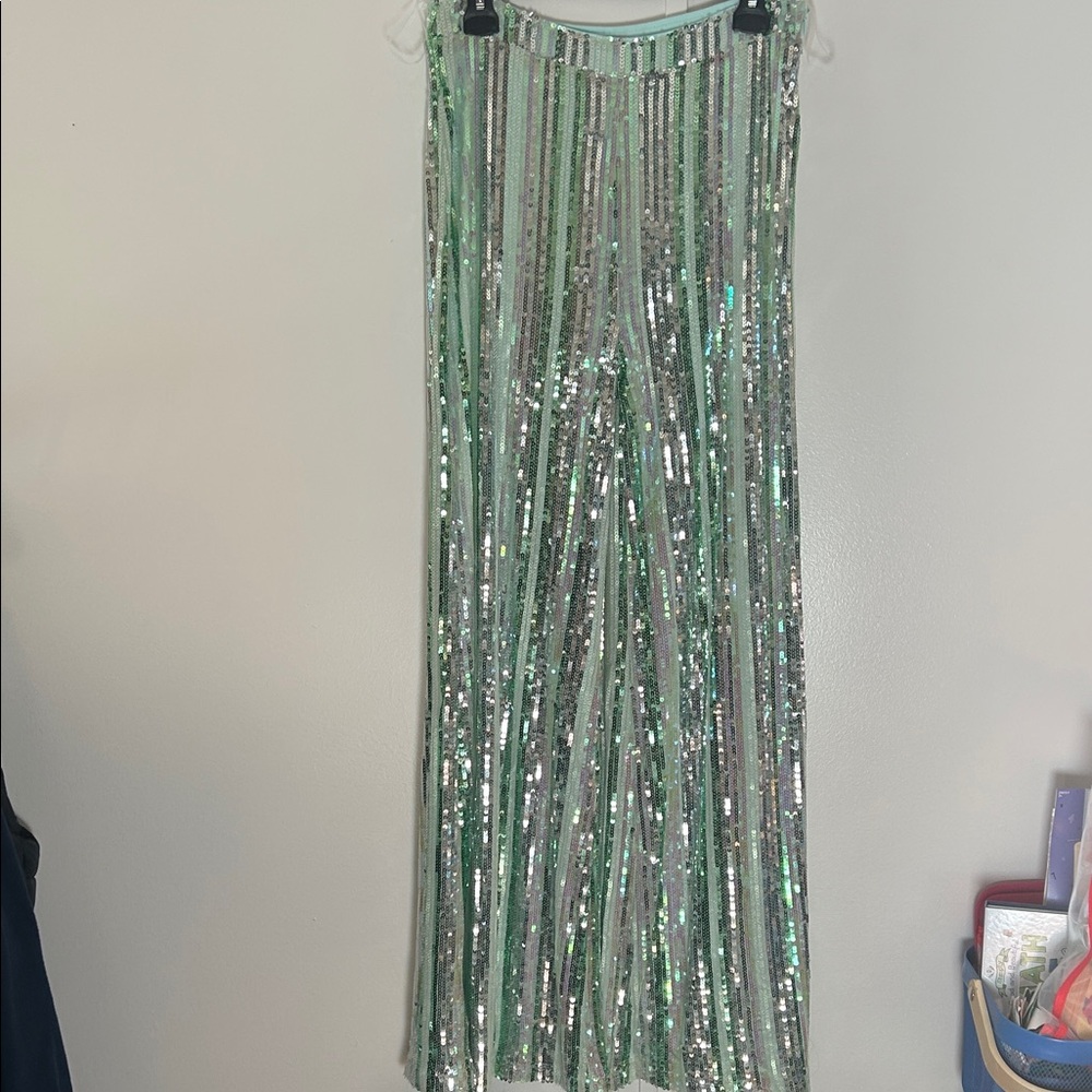Sequin Stripe Pants in Mint Green and Silver